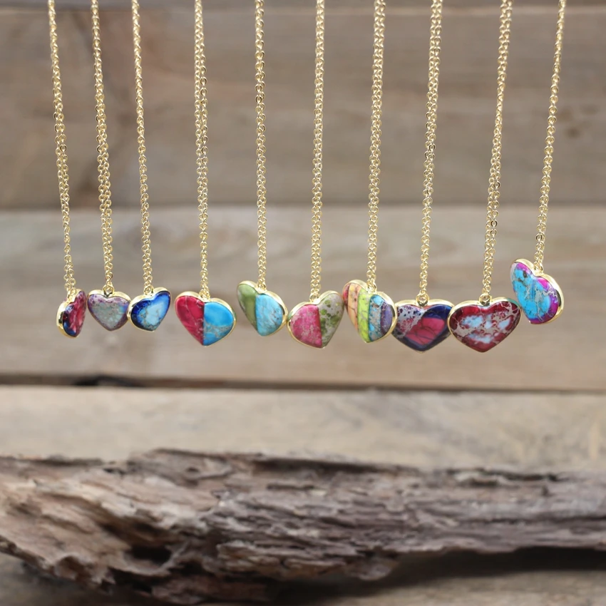

Heart Shape Sea Sediment Jaspers Pendants Gold Chains,Two-Tone Natural Imperial Jaspers Love Charm Necklace Women Jewelry,QC3030