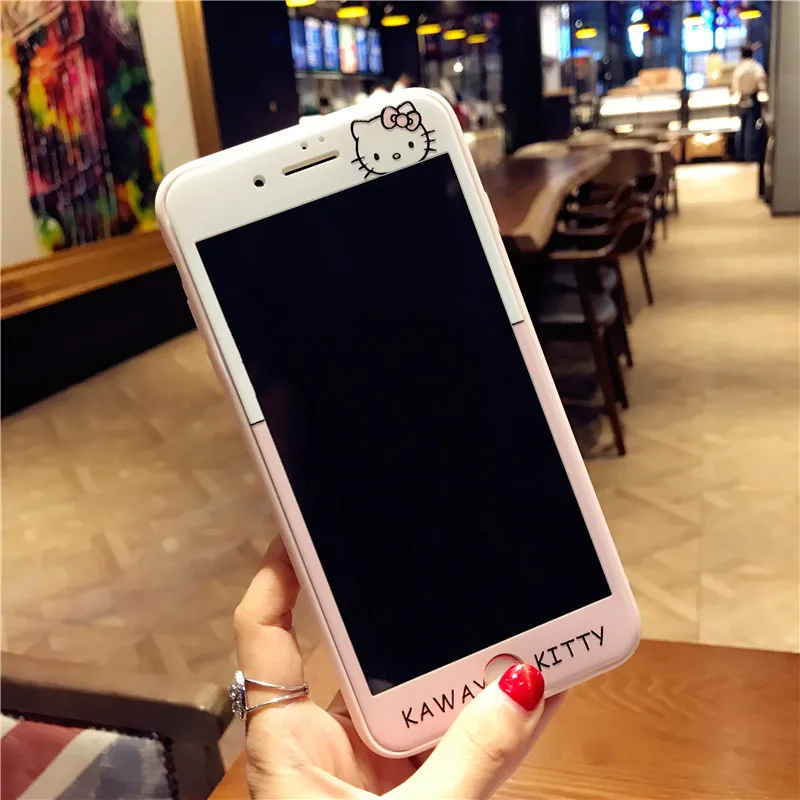 360 милый мягкий чехол с рисунком hello kitty Cat для IPhone XR XS Max X 10 8 7 6 6s Plus+ Передняя пленка из закаленного стекла