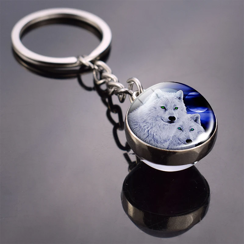 Glow in Dark Jewelry Howling Wolf Keychain Wolf Luminous Glass Cabochon Pendant Keyring Double Side Glass Ball Keychain