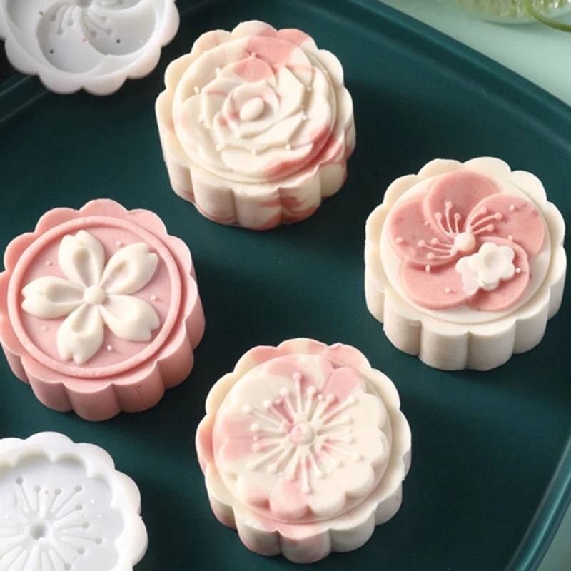 

Flower Pattern Round Moon Cake Mould 50g Hand-Pressure 8 Stamps Mooncake Molds for Mid-Autumn DIY Pastry Tool Cookie Baking