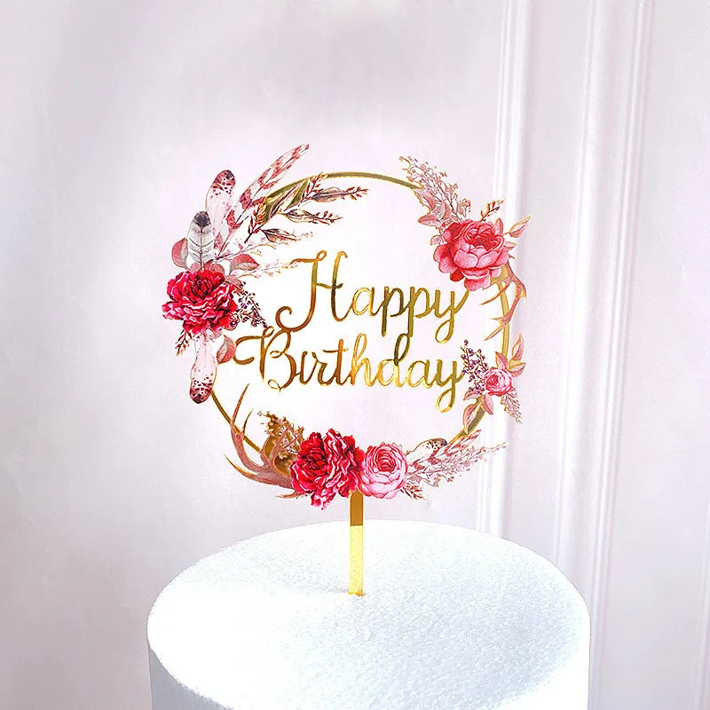 

New Flowers Happy Birthday Cake Topper Acrylic Cute Gold Cake Topper For Kids Birthday Party Cake Decorations Dessert Supplies