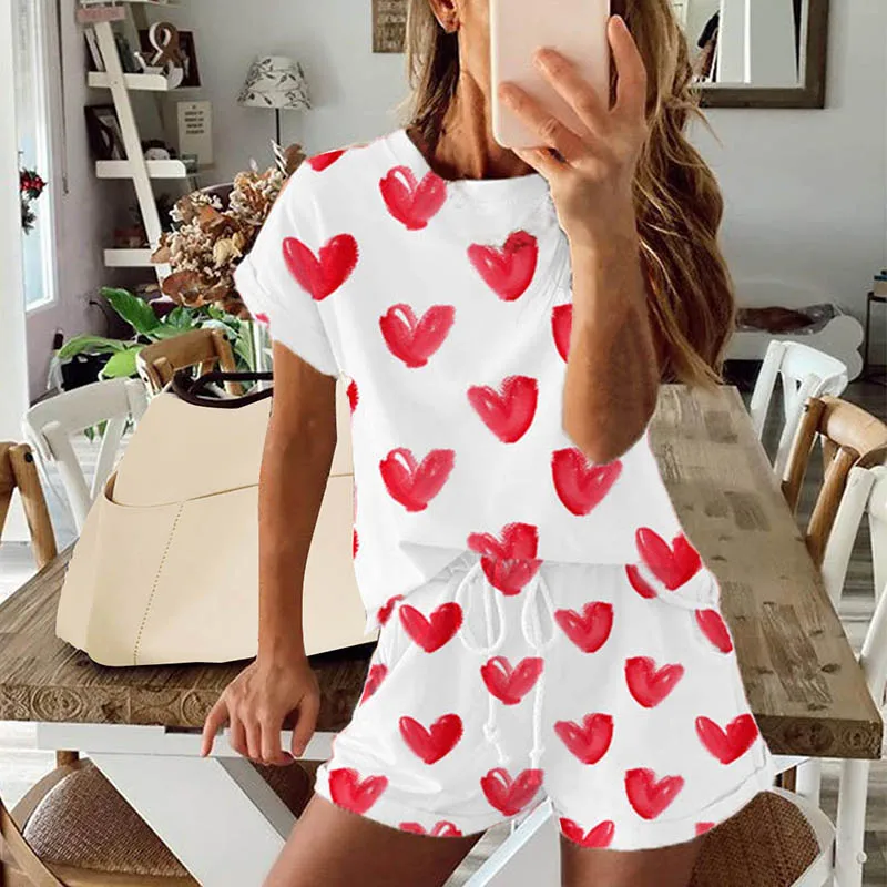 

Summer Tracksuits Womens Two Peices Set Leisure Outfits Cotton Oversized T-shirts High Waist Shorts Print Color Clothing