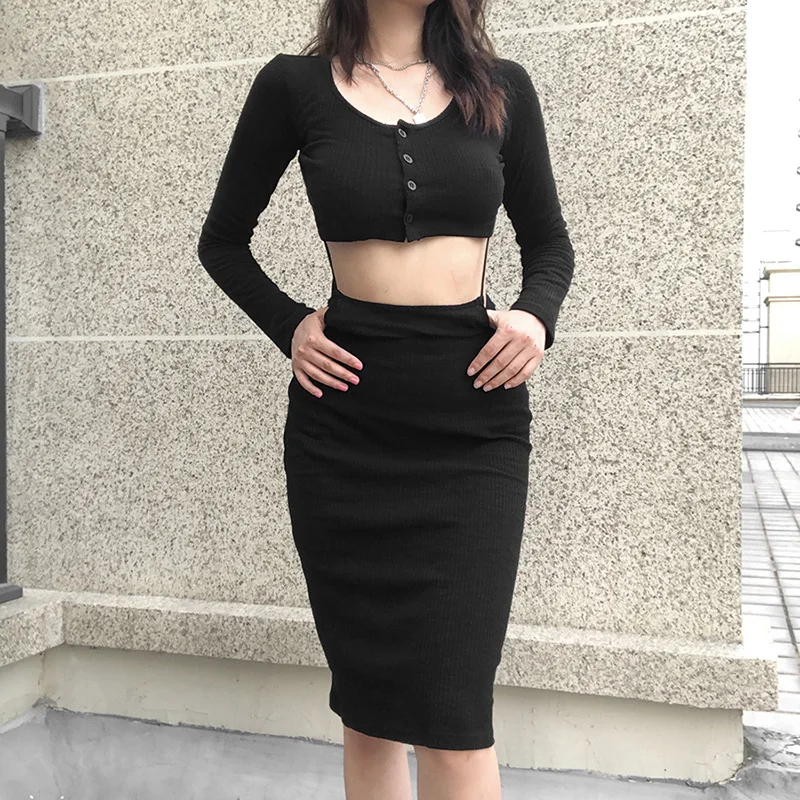 

Женский однотонный комплект из двух предметов, Юбка До Колена на тонких бретельках с завышенной талией, осенняя Клубная одежда для вечерние...