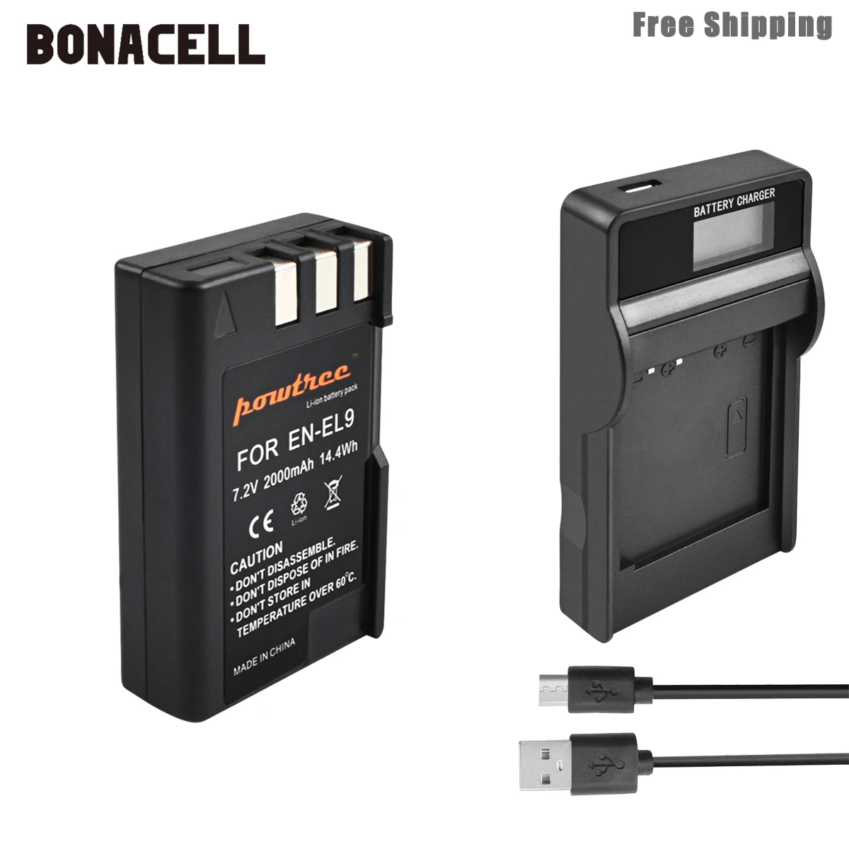 1XBattery-LCDCharger Bonacell 2000 мА/ч, EN-EL9 RU EL9 EN-EL9a RU EL9a EL9a Камера Батарея+ ЖК-дисплей Зарядное устройство AKKU для Nikon EN-EL9a D40 D60 D40X D5000 D300 L5 - Цвет: 1XBattery-LCDCharger