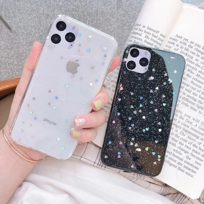 

Ottwn Glitter Phone Case For iPhone 11 12 Mini Pro XS Max XR X Love Heart Star Sequins Soft Bling Clear Cover Capa