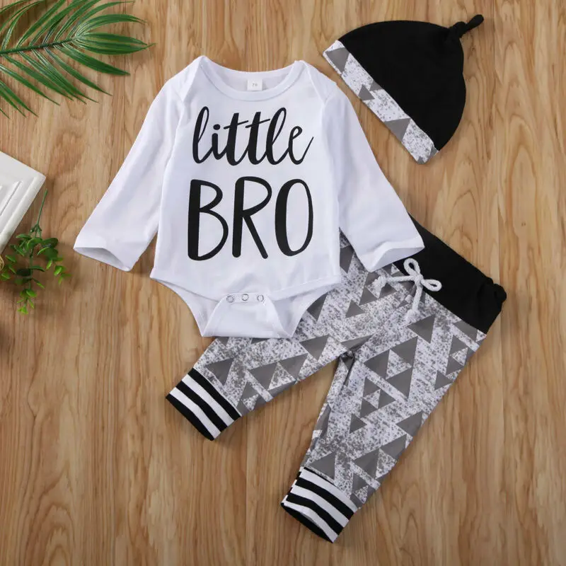 

0-18M Little Bro Letter Spring Long Sleeve Cotton Newborn Baby Boy Girl Suit Romper Bodysuit Tops Pants Hat Outfit Clothes 3PCS