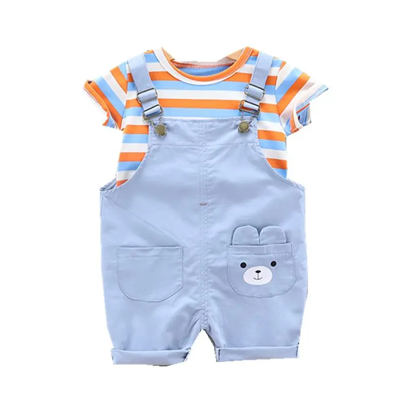 Summer Children Cotton Baby Boy Girl Clothes Cartoon Stripe T Shirts Bib Shorts 2Pcs/sets Infant Kids Fashion Toddler Tracksuits | Детская