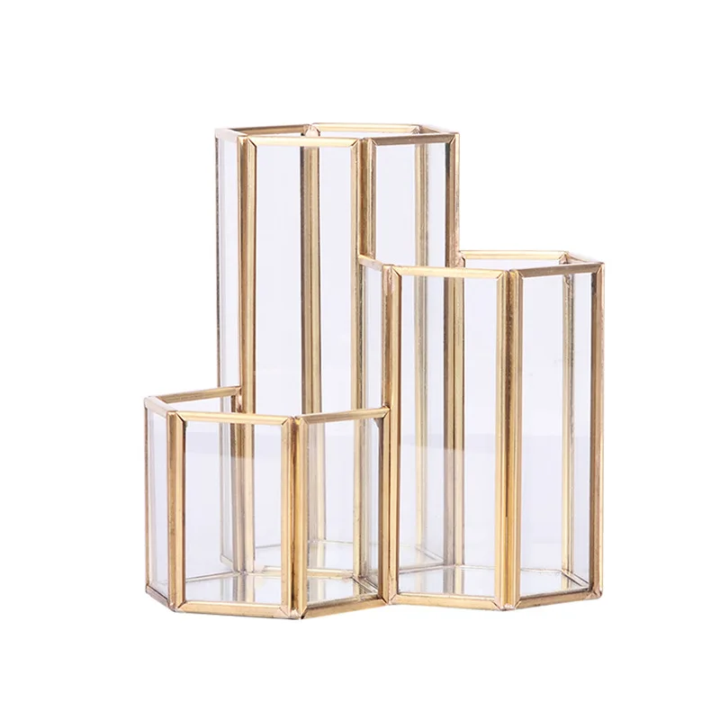 

Nordic Glass Copper Hexagon Composite Pen Holder Makeup Brush Glass Boxes Multifunction Desktop Organizer Office Accessories