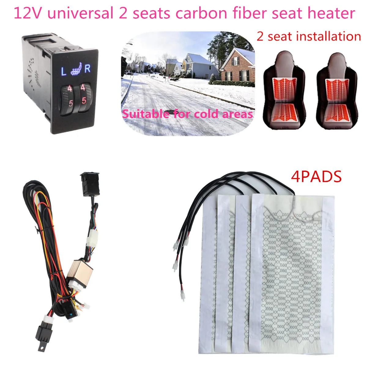 2 Seats 4 Pads Universal Carbon Fiber Heated Seat Heater car 12V Pads 2 Dial 5 Switch Benches interior seat warm accessories