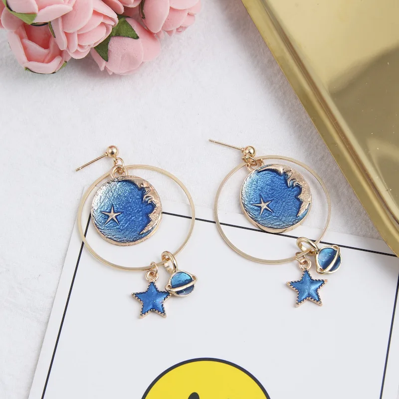 Модные Длинные асимметричные серьги женские металлические круглые со звездой
