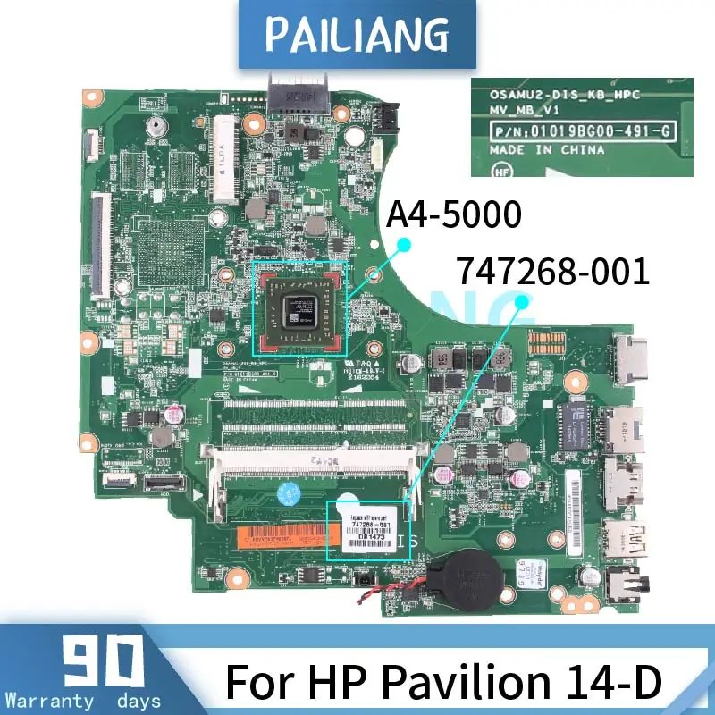 PAILIANG Laptop motherboard For HP Pavilion 14-D A4-5000 Mainboard 01019BG00 747268-001 DDR3 tesed