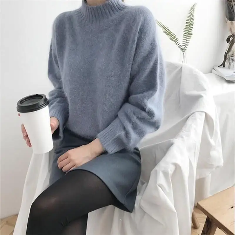 Korean Mink Cashmere Oversized Sweaters Elegant Solid Hairy Knitted Pullovers Casual Harajuku Loose Turtleneck 2019 | Женская одежда