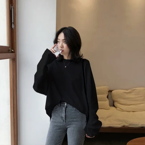 Xian 188 hei Harajuku, лучшие друзья, длинная футболка, женские футболки кавай, женские,, Осенние, одноцветные, простые, большие размеры, футболка, белая, длинный рукав, топы - Цвет: Xian 188 hei
