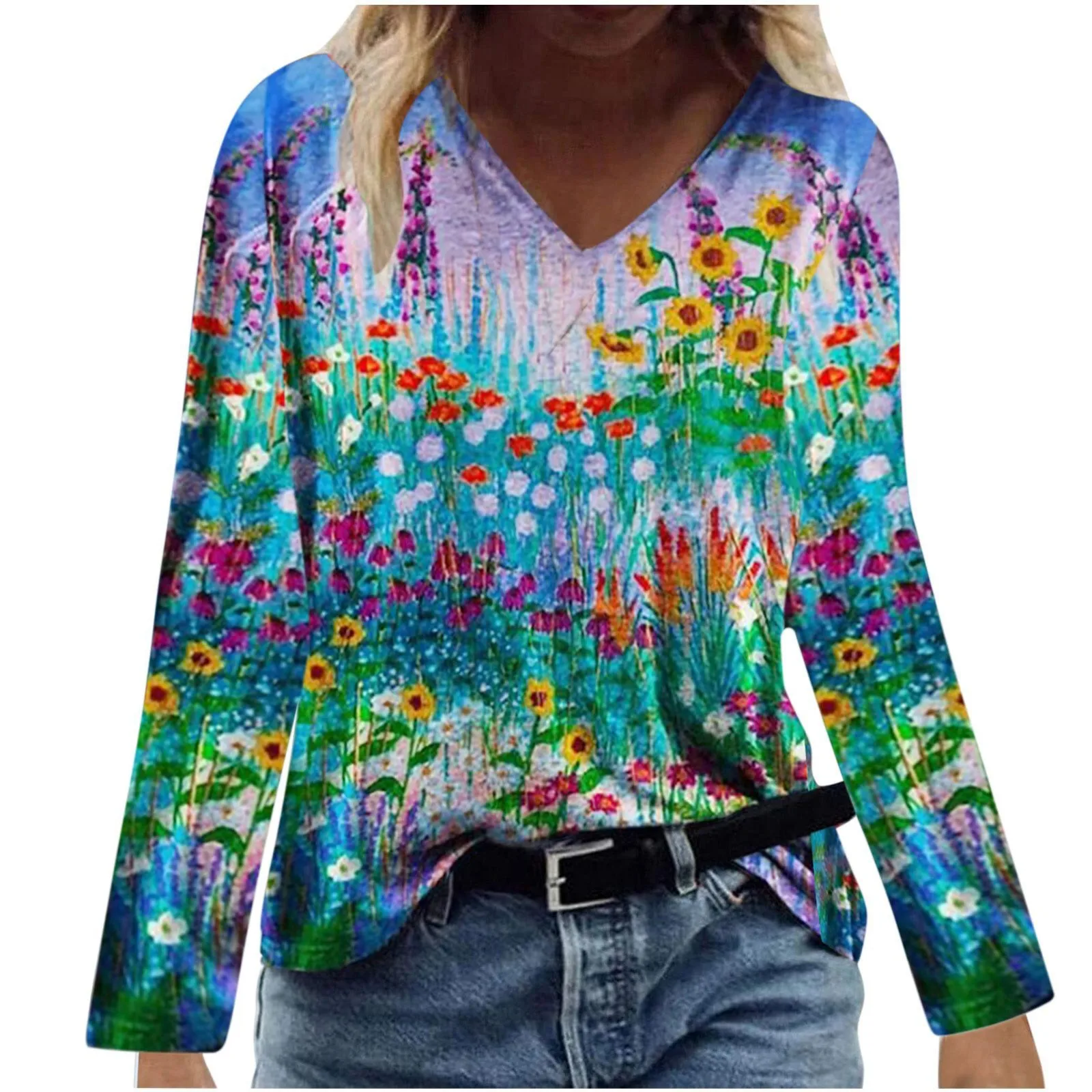 

Женская блузка с цветочным принтом, с длинными рукавами, с v-образным вырезом, Повседневные Рубашки, Топы, блузки, блузы Y Camisas Chemisier Femme, Рубашк...