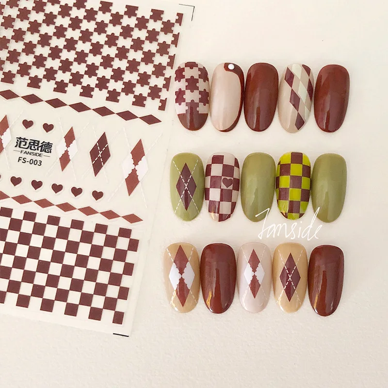 

1 лист ретро коричневый зеленый клетчатый узор 3D Самоклеящиеся наклейки для дизайна ногтей 5D мягкие рельефные наклейки для ногтей оптовая п...