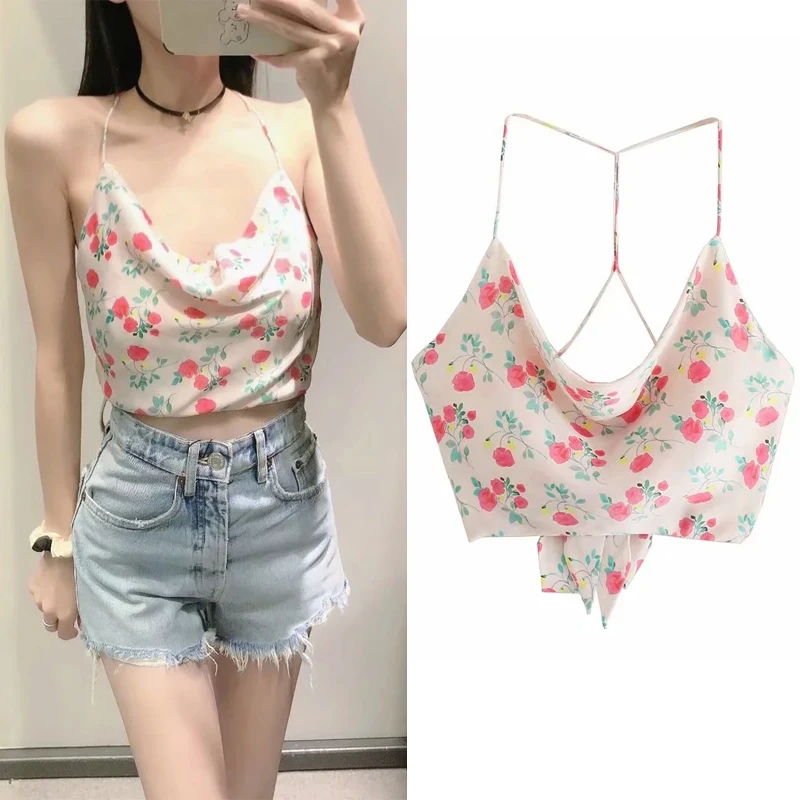 

Women Top Za 2021 Floral Crop Top Female Strappy Backless Summer Tank Tops Fashion Tied Sleeveless Sexy Tanks Camis