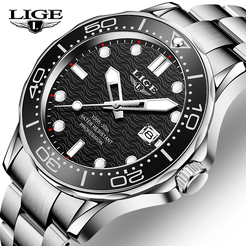 

LIGE Men Watches Top Brand Luxury Stainless Steel Waterproof Sport Watch Men Fashion Diving Date Quartz Clock Relogio Masculino