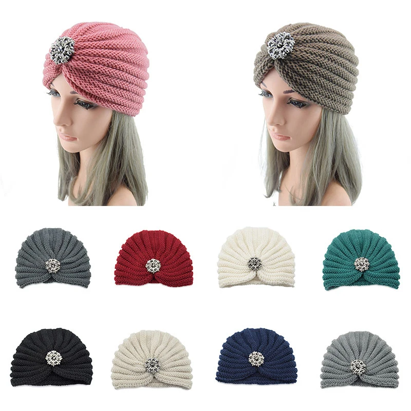 

2021 New Knitted Turban Caps For Women Rhinestone Muslim Hijab scarf India Hats Arab wraps african Headwraps Turbante Mujer