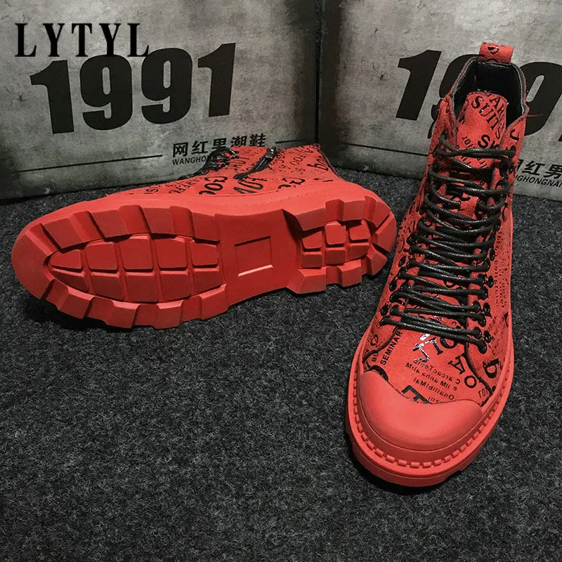 spesifikasi Sepatu Bot Tentara Pria Sepatu Bot Pergelangan Kaki Kasual Sepatu Kulit Tinggi Sepatu Bot Militer Grafiti Hip Hop Merah Pria Sepatu Sneakers B4-259