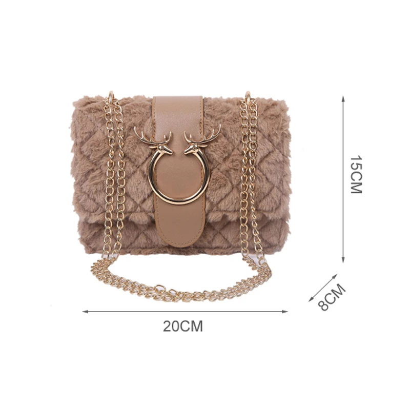Female Winter Soft Plush Fur Designer Handbag Deer Lock Chain Shoulder Messenger Women Velour Crossbody Bags For Luxury Flap