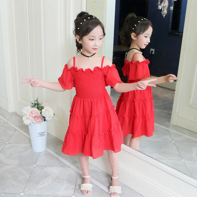 

2020 Fashion Cute Summer Girls Dress Solid Color Sling Party Dress Girls Princess Dress 4 6 7 8 9 10 12 Years Kids Girls Clothes