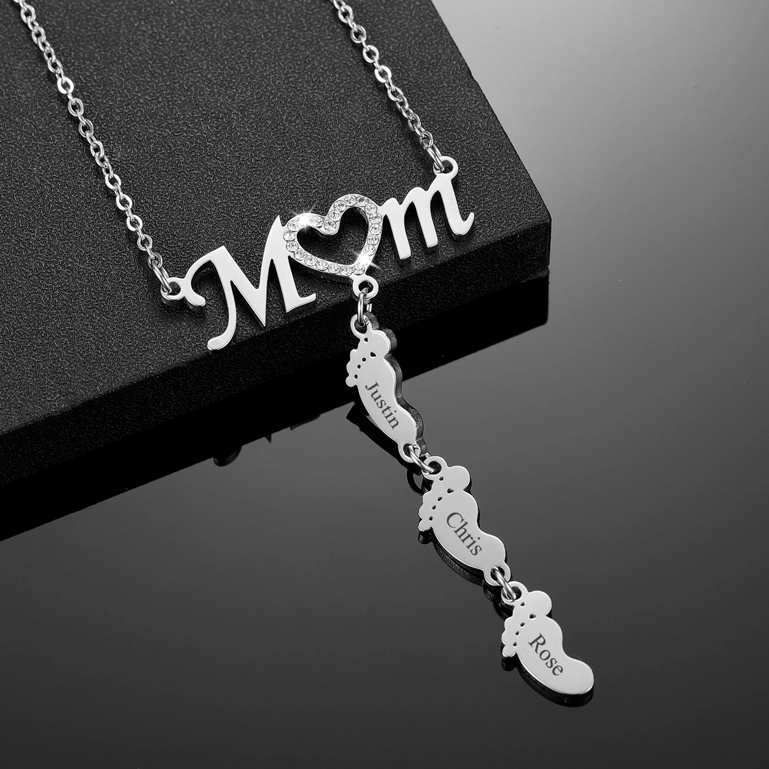 Custom Baby Feet Drop Pendant LOVE MOM Necklace Name Necklace Pendant Birthdate Personalized Inlay CZ Heart Necklaces