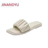 new fashion pleated flat women slippers summer square toes mule feminino leather casual shoes apricot purple slippers for girls