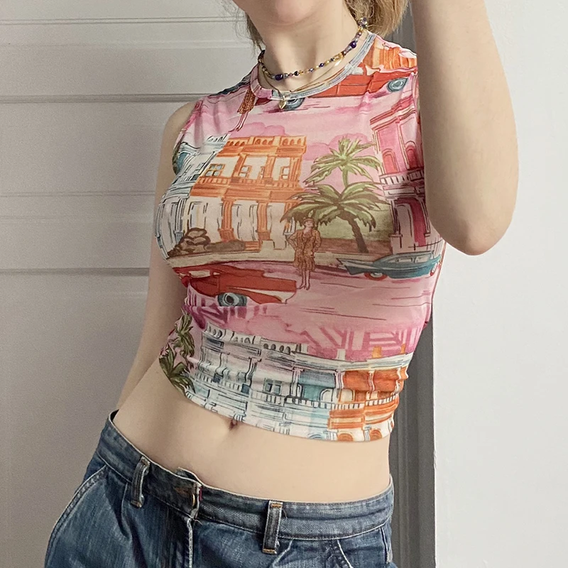 

Scenery Printed Tank Tops y2k Vintage Crop Top Sleeveless O Neck Slim Corset Top Women Summer Harajuku Cute Sweats 90s
