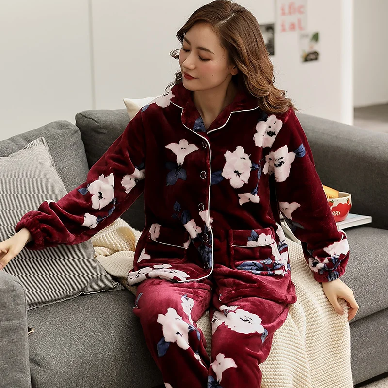 Зимний пижамный комплект Женская плотная фланелевая сексуальная пижама с
