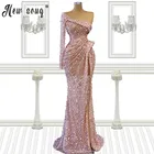 Женское вечернее платье на одно плечо, розовое плиссированное платье с блестками и разрезом сбоку, длинное вечернее платье с блестящими кристаллами, индивидуальный пошив, 2021