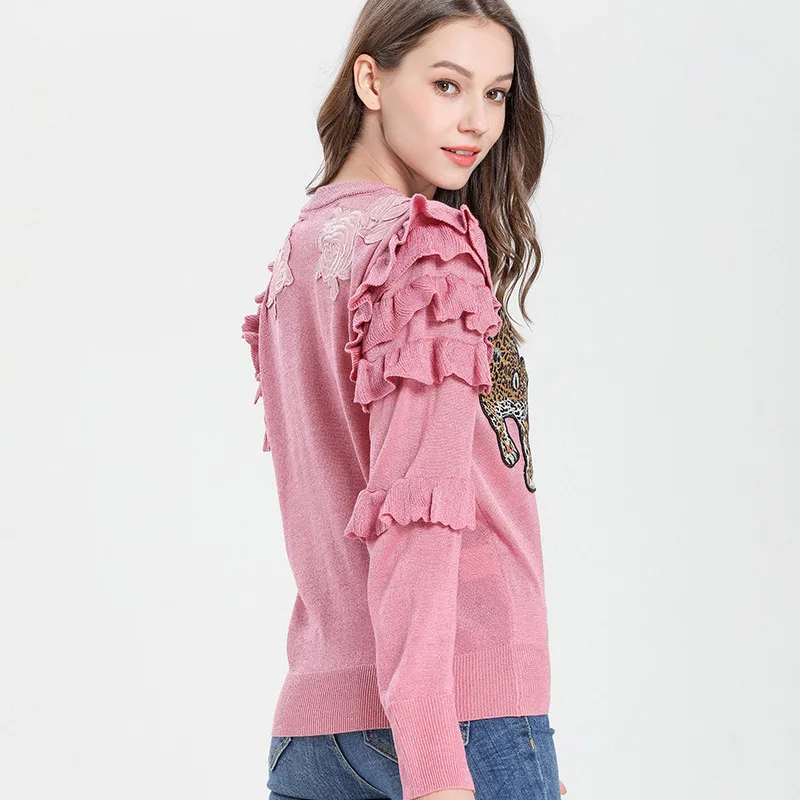 Tiger flower embroidery sweater fashion temperament lady loose show thin wood ear edge bright silk base knitting Pullover B-019 | Женская