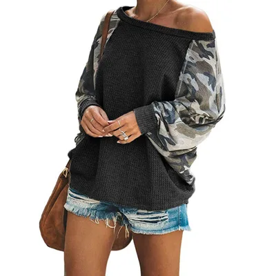 

Popular autumn women's European and American top new bat sleeve camouflage waffle top leopard T-shirt