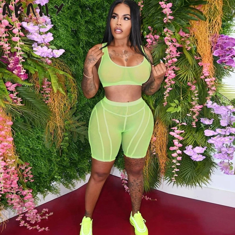 

Akaily Summer Streetwear Mesh Tracksuit 2 Two Piece Sets Women Matching Sets Female Sleeveless Crop Top Skinny Shorts Sets 2021