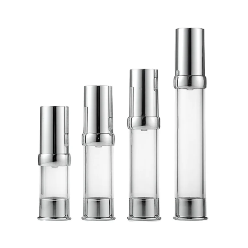 

Vacuum Cosmetic Emulsion Lotion Packaging 5ML 10ML 15ML 20ML 30ML Shiny Silver Clear Airless Pump Spray Atomizer Bottles 25pcs