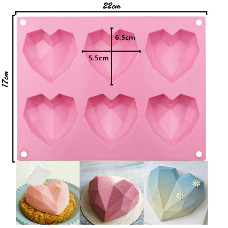 

3D DIY Silicone Love Cake Moulds 6 Cavity Diamond Love Heart Fondant Decorating Tools Chocolate Pastry Molds Baking Accessories
