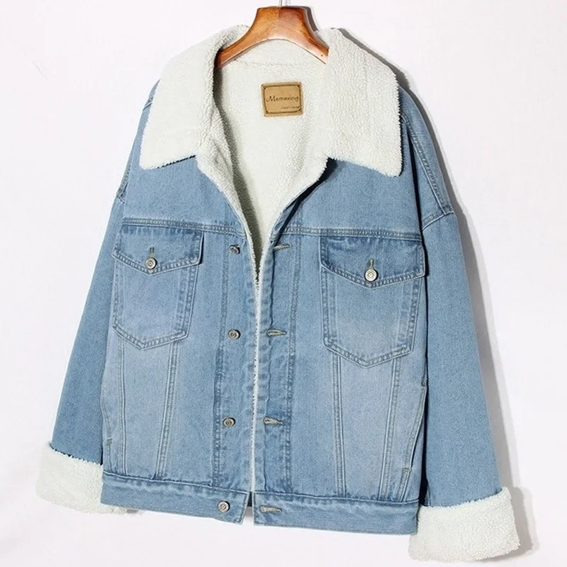 

Зимние женские куртки, плотные теплые джинсовые куртки, пальто BF Plus, бархатные джинсы, свободная Стильная верхняя одежда светильник-голубая...