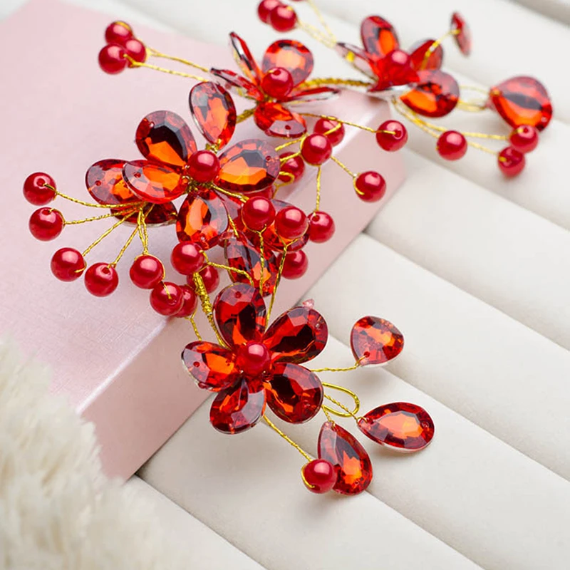 Модный Красный Кристалл бусины лентой Свадебные украшения для волос Средства по