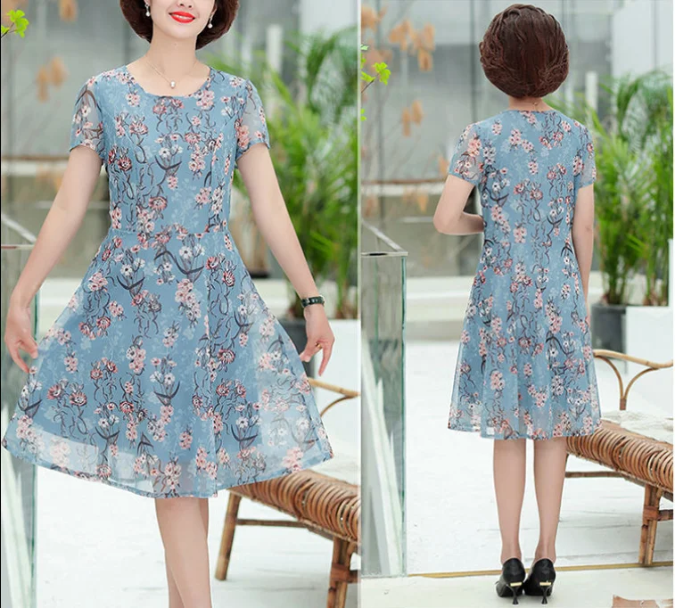 

2021 fashion new spring and summer temperament casual short-sleeved round neck midfield print women's dress