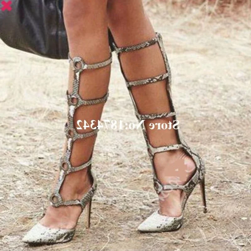 

Newest Fashion Snakeskin Pattern Sexy Thin High Heel And Pointed Toe Shallow Rome Style Summer Hottest Women Sandals