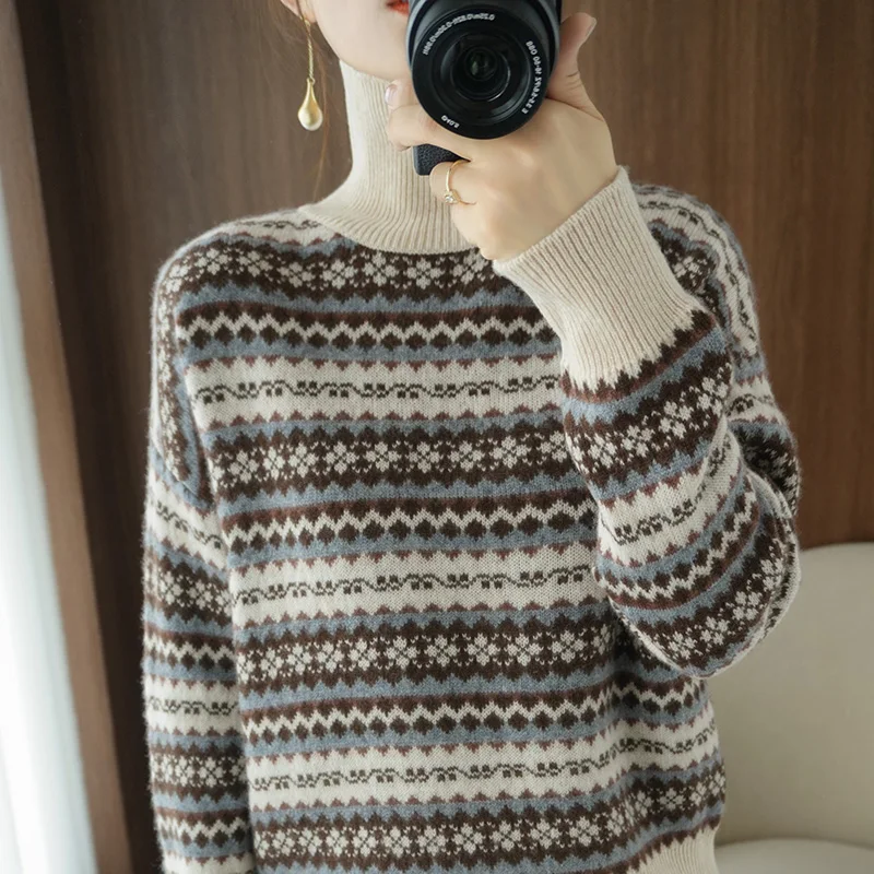 

Lafarvie Autumn Winter Turtleneck Knit Striped Sweater Women Tops Casual Loose Female Pullover Quality Jumper Long Sleeve Clothe