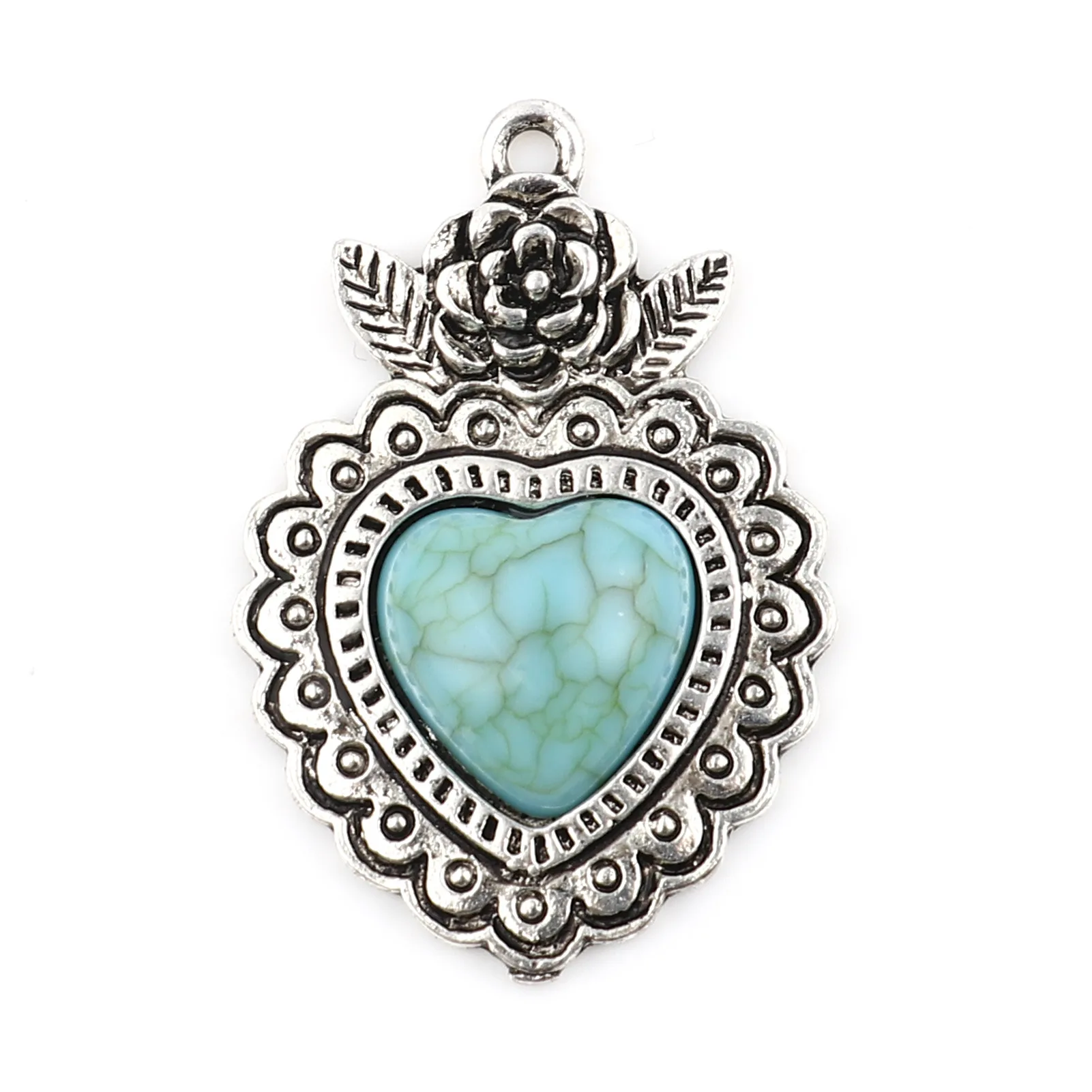 

DoreenBeads Retail 5 PCs Metal Pendants Heart Green Blue Rose Flower Imitation Turquoise Diy Jewelry Accessories 37mm x 26mm,