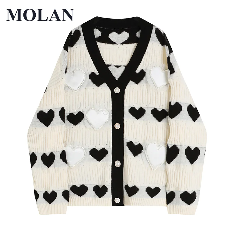 

MOLAN Sweet Print Woman Knitted Cardigan Fashion Plus V Neck 2021 New Winter Casual Cardigan Warm Loose Female Stylish Outwear