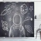 Занавеска для душа с широким краном, с изображением космоса, планет, ракет и набросков, рисунок космонавта, галактики, ткань для ванной