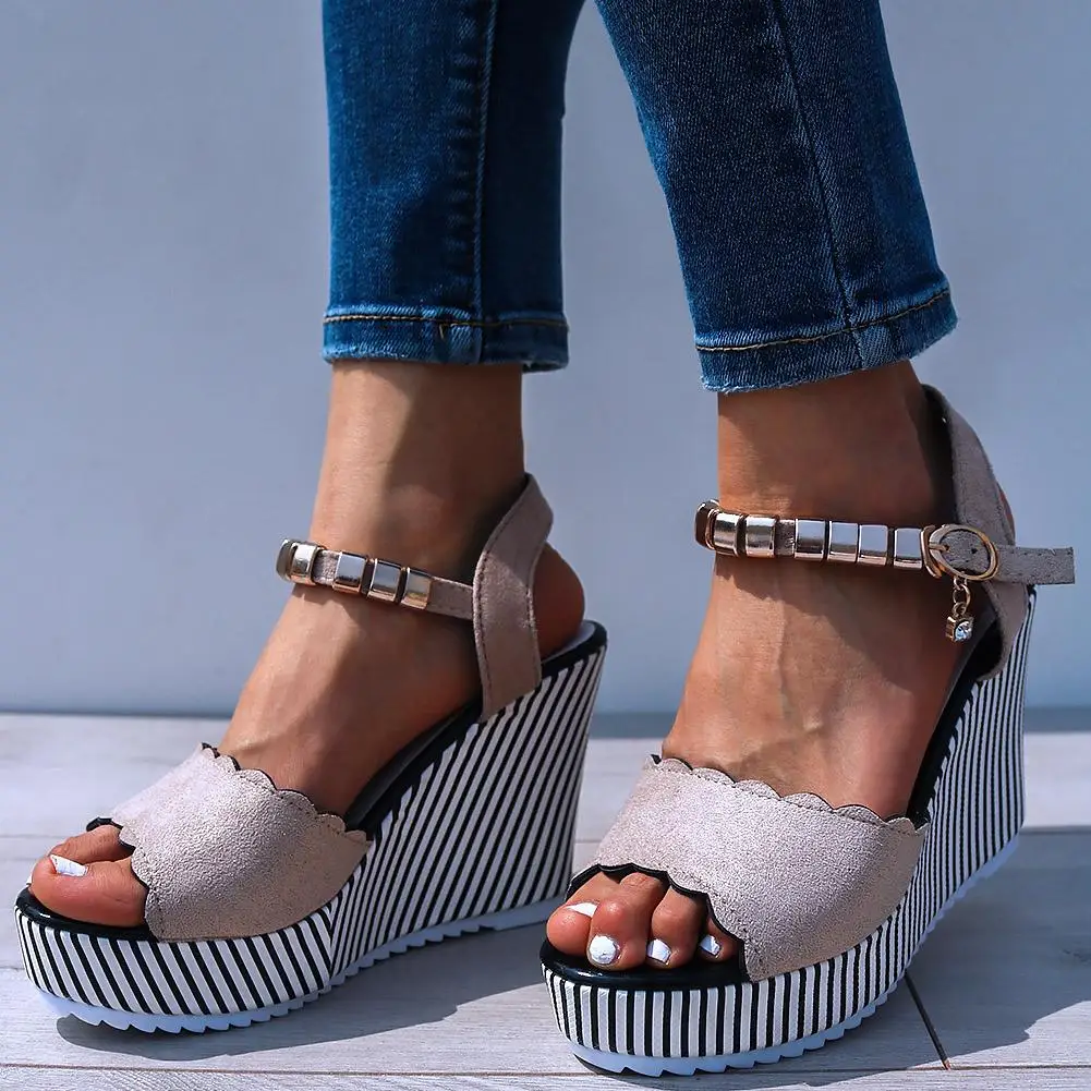 

Sorphio Summer Wedges Shoes Woman Fashion Striped Platform Sandals Women New Ins Hot Office Concise Metal Decorating Sandals