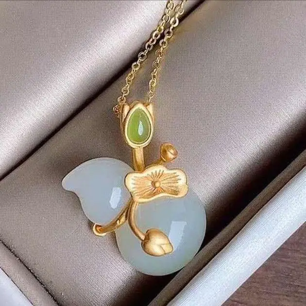 

Natural Hetian Jade Jue Suet Necklace Women's Jade Chinese Style Sterling Silver Gilding Lotus Leaf Calabash Pendent to Give Mom