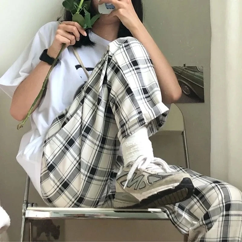 Винтажные клетчатые брюки Y2K в стиле Харадзюку женские 2022 уличная одежда