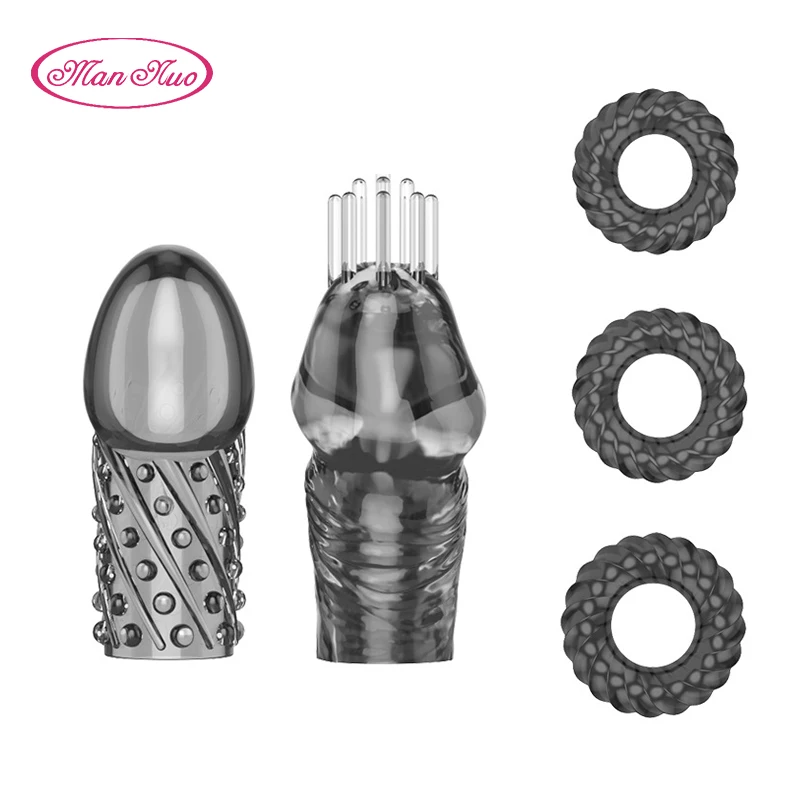 ManNuo 5pcs/Set Penis Enlargement Sleeve Condoms for Men Ring Black&ampWhite Cock Crystal Adult Sex Toys R4 | Красота и здоровье