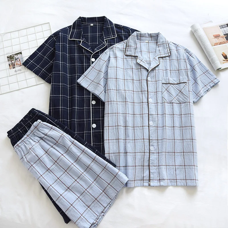 New summer men's 100% cotton pajamas two-piece large size thin short-sleeved shorts plaid casual home service set sleep wear men