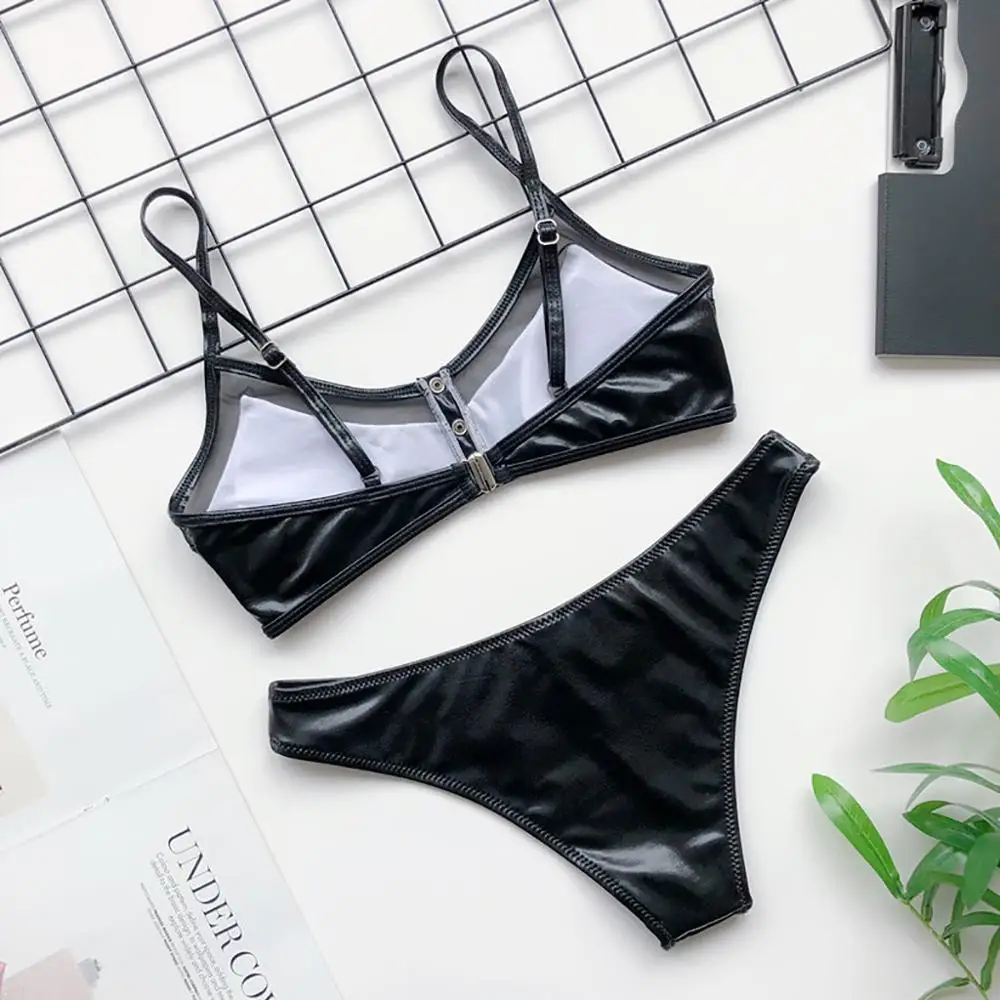Яркий кожаный женский бикини Танга сетчатый полый купальник комплект