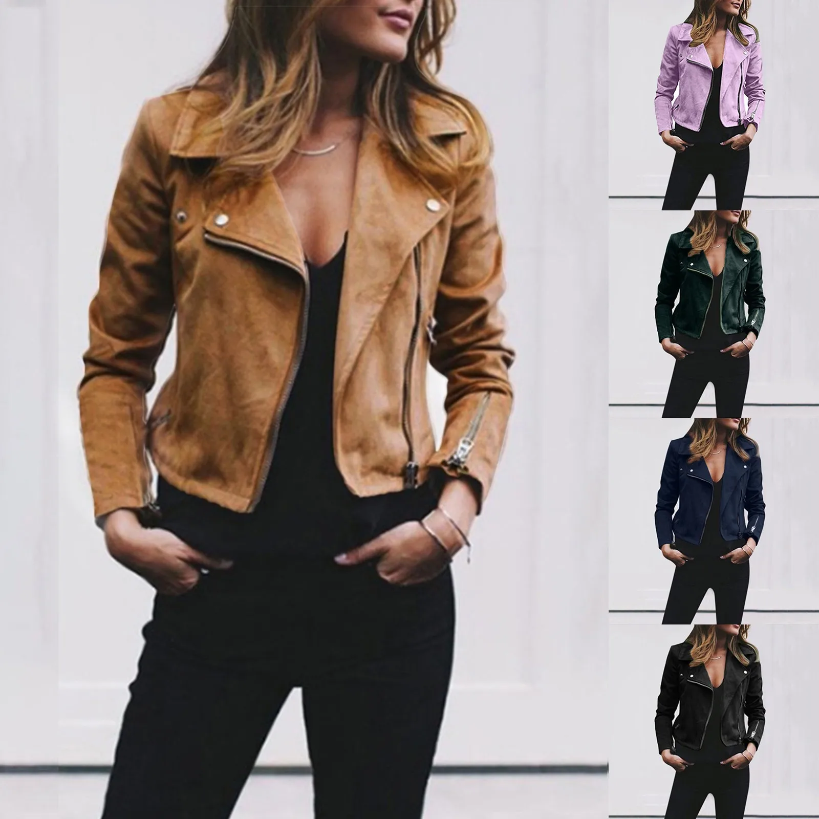 

Faux Slim Jaqueta Jacket Fashion Short Color Long Women Biker Jacket Suede Solid Turndown Coats Collar Sleeve Casual Motorcycle